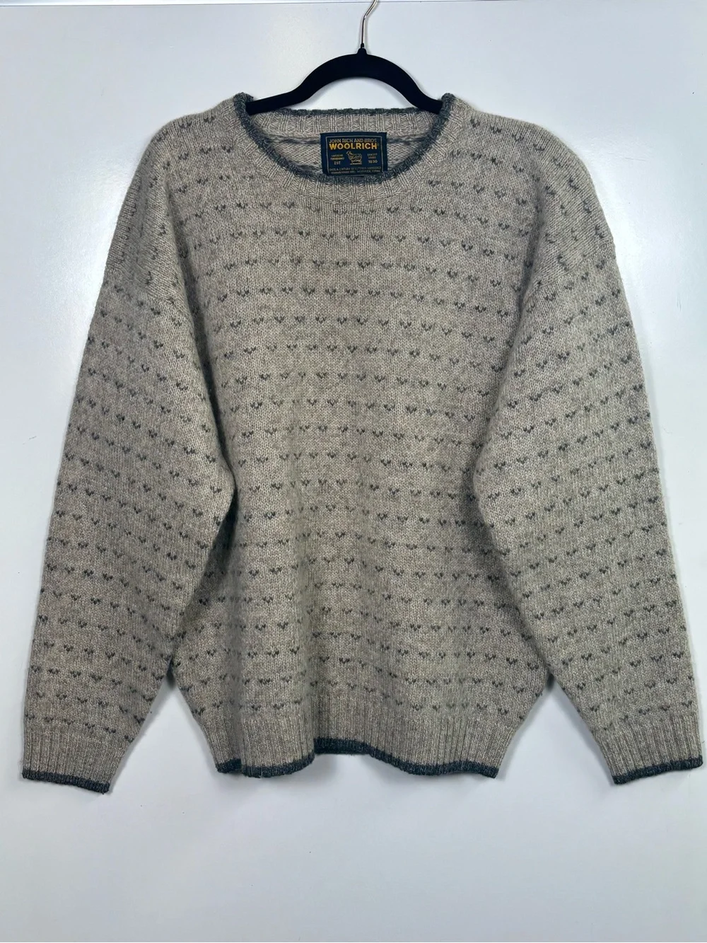 Vintage Woolrich Birdseye Knit Wool Sweater Mens Large Beige Charcoal Crewneck